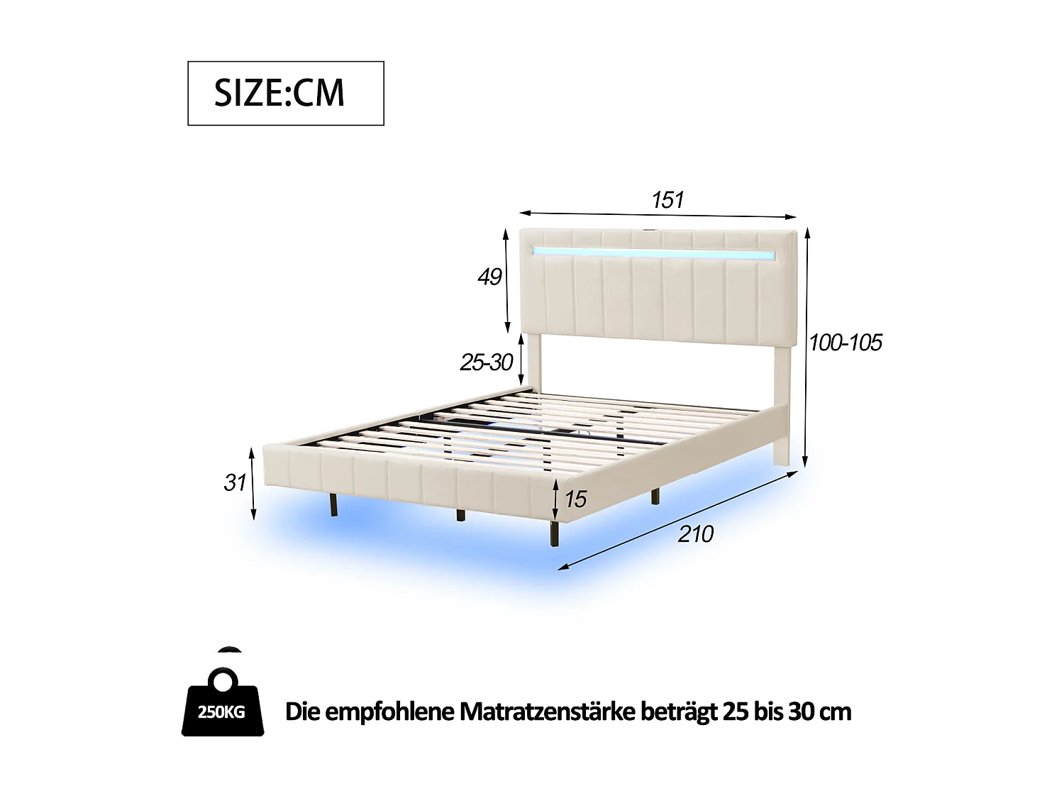 Lit rembourré 140 x 200 cm, cadre de lit flottant rembourré avec lumières LED et tête de lit design, lit d'appoint plat en lin doux pour la peau beige