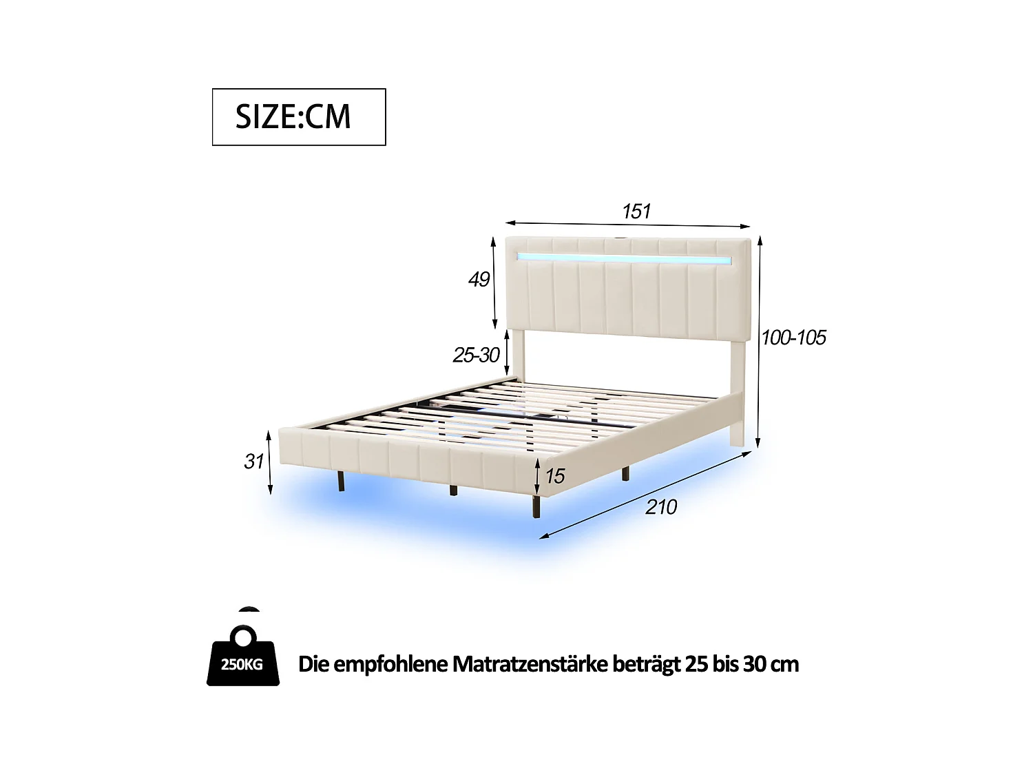 Cama estofada 140 x 200 cm, estrutura de cama flutuante estofada com luzes LED e cabeceira de design, cama de hóspedes plana em linho bege, amigo da pele