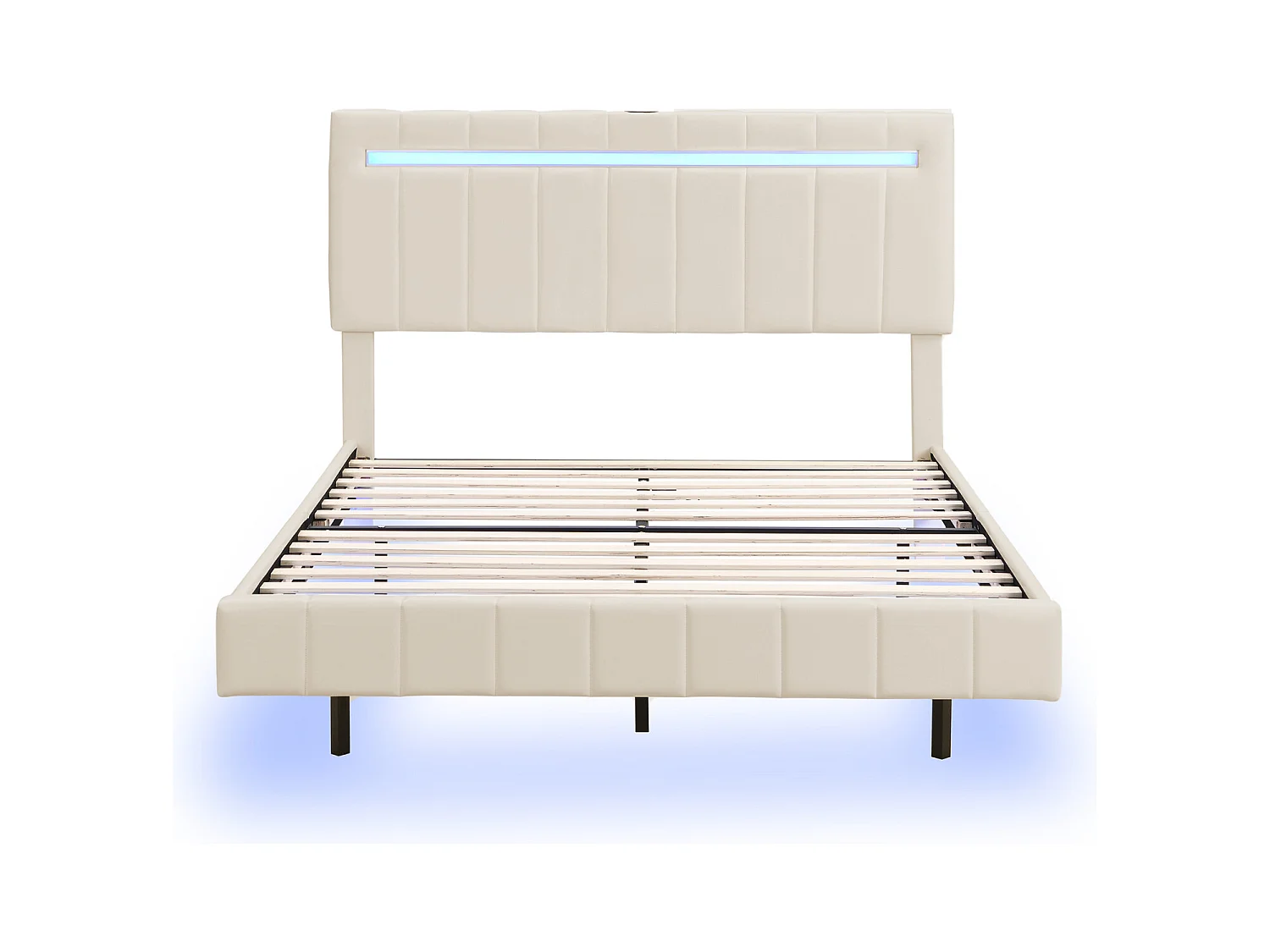 Cama estofada 140 x 200 cm, estrutura de cama flutuante estofada com luzes LED e cabeceira de design, cama de hóspedes plana em linho bege, amigo da pele