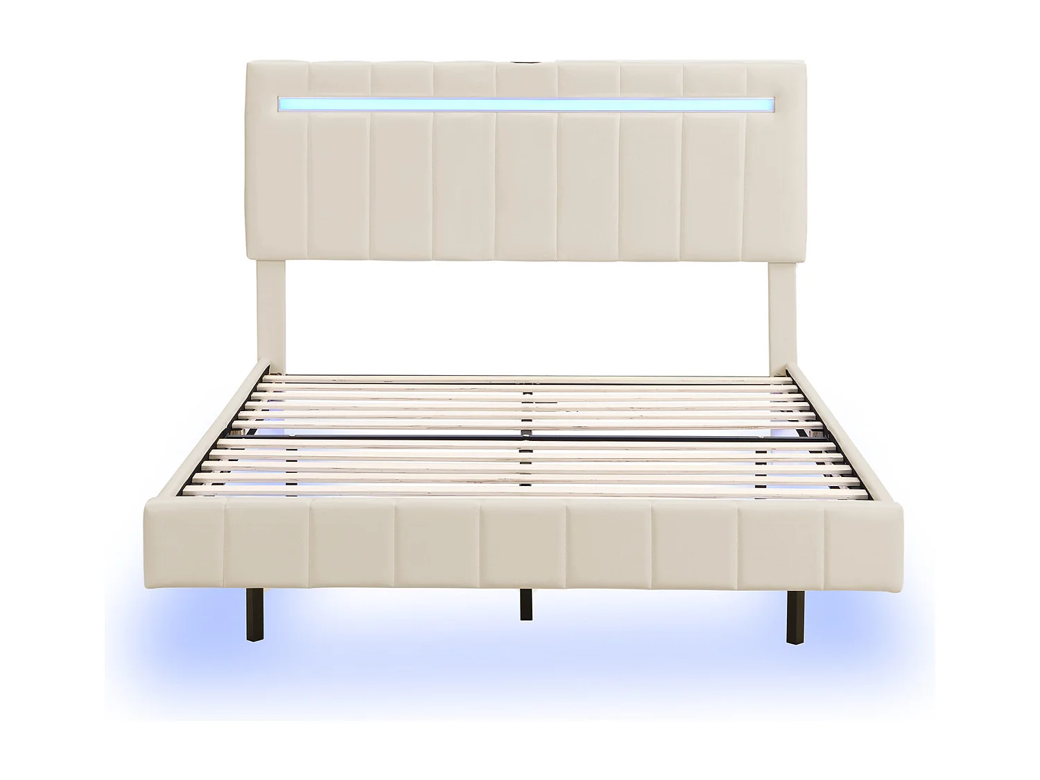 Lit rembourré 140 x 200 cm, cadre de lit flottant rembourré avec lumières LED et tête de lit design, lit d'appoint plat en lin doux pour la peau beige