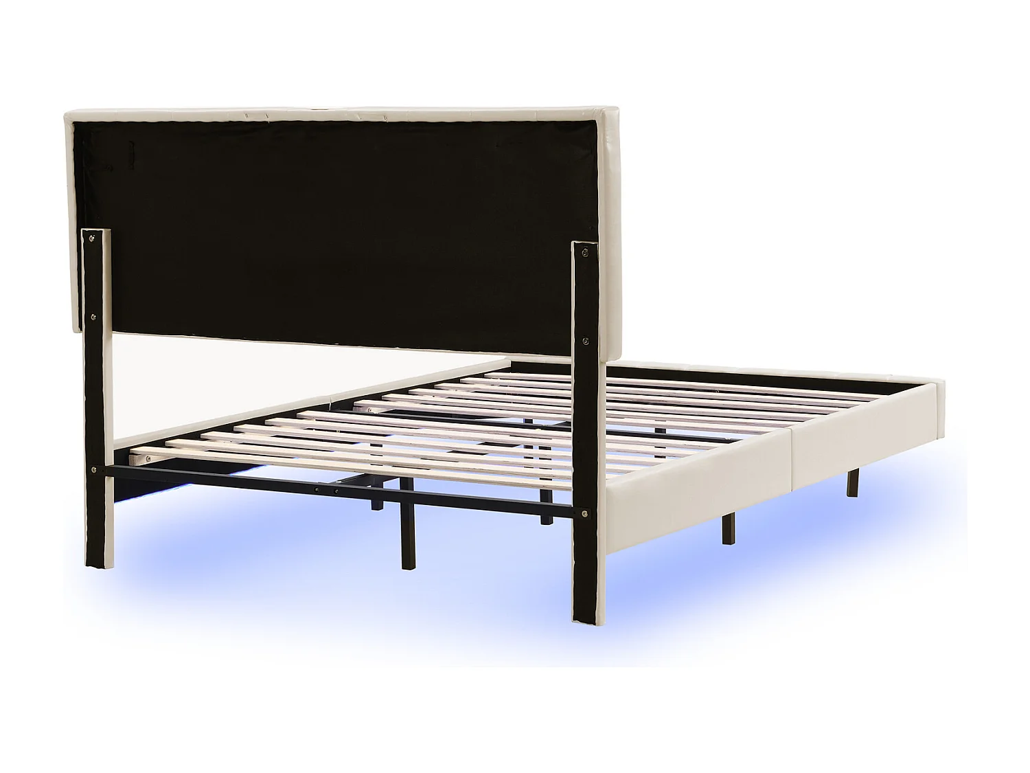 Lit rembourré 140 x 200 cm, cadre de lit flottant rembourré avec lumières LED et tête de lit design, lit d'appoint plat en lin doux pour la peau beige