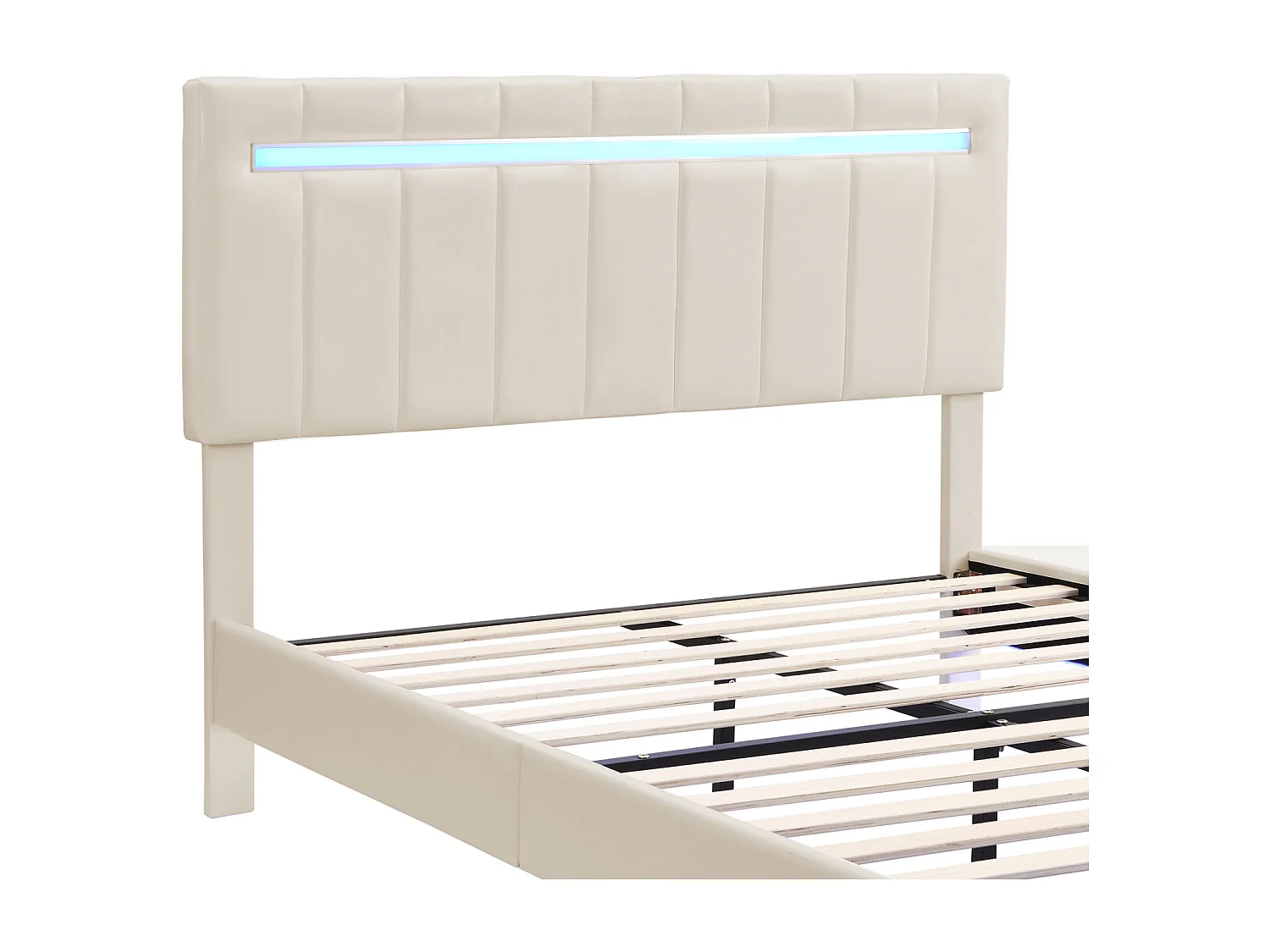 Lit rembourré 140 x 200 cm, cadre de lit flottant rembourré avec lumières LED et tête de lit design, lit d'appoint plat en lin doux pour la peau beige