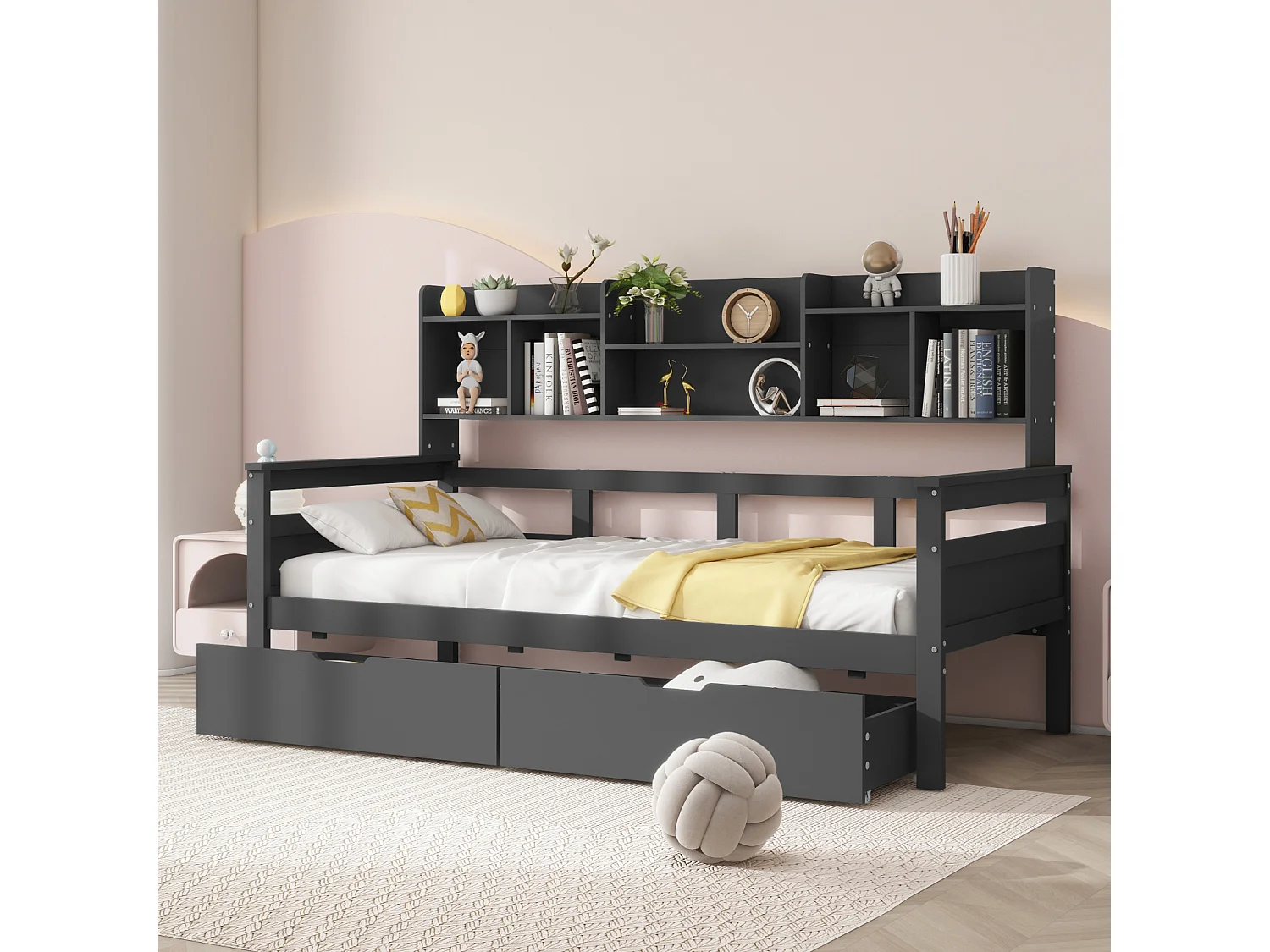 Letto combinato 90x200cm, letto singolo per bambini con 2 cassetti e ripiani portaoggetti, rete a doghe, letto in legno massello, grigio