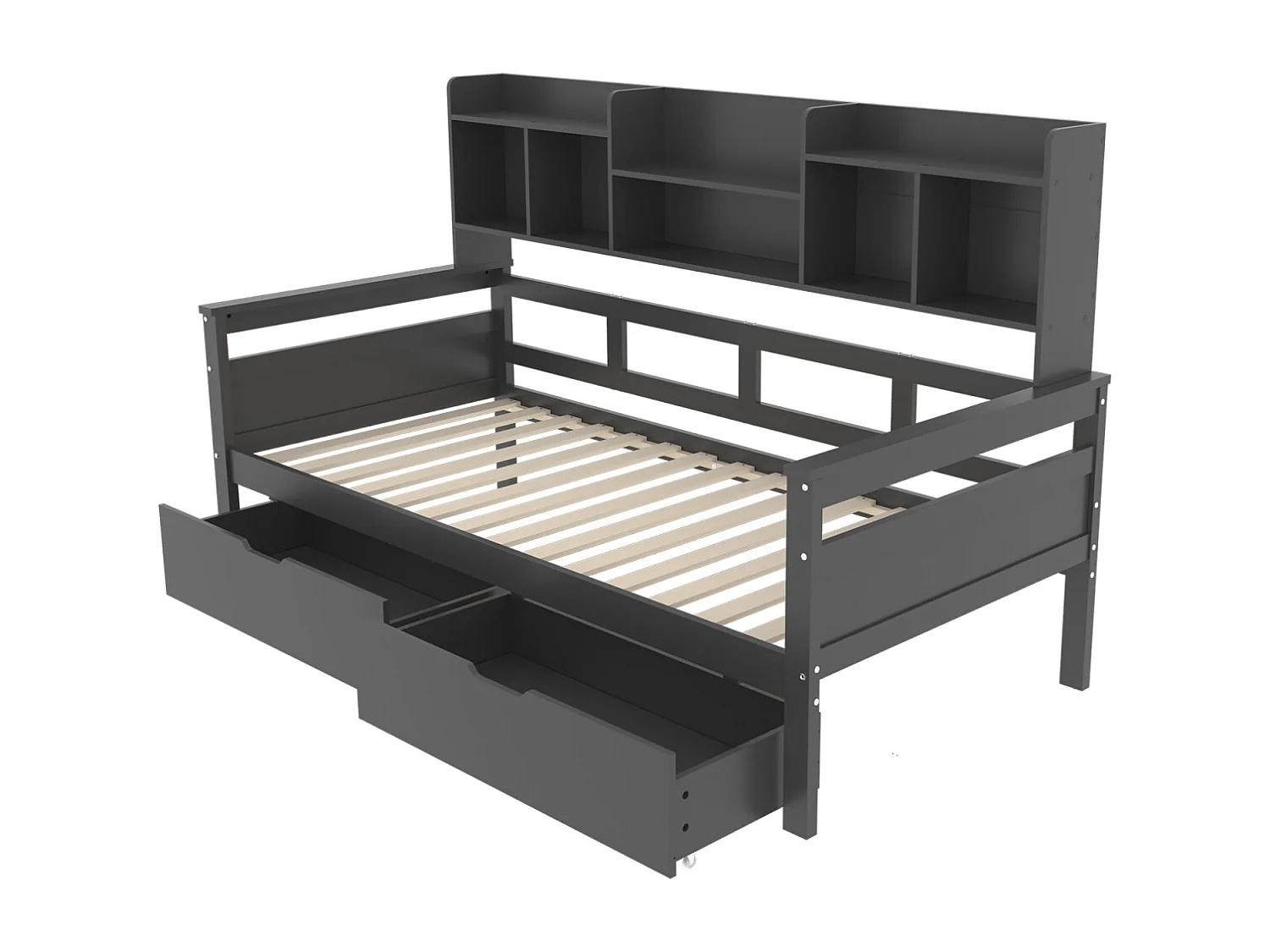 Letto combinato 90x200cm, letto singolo per bambini con 2 cassetti e ripiani portaoggetti, rete a doghe, letto in legno massello, grigio