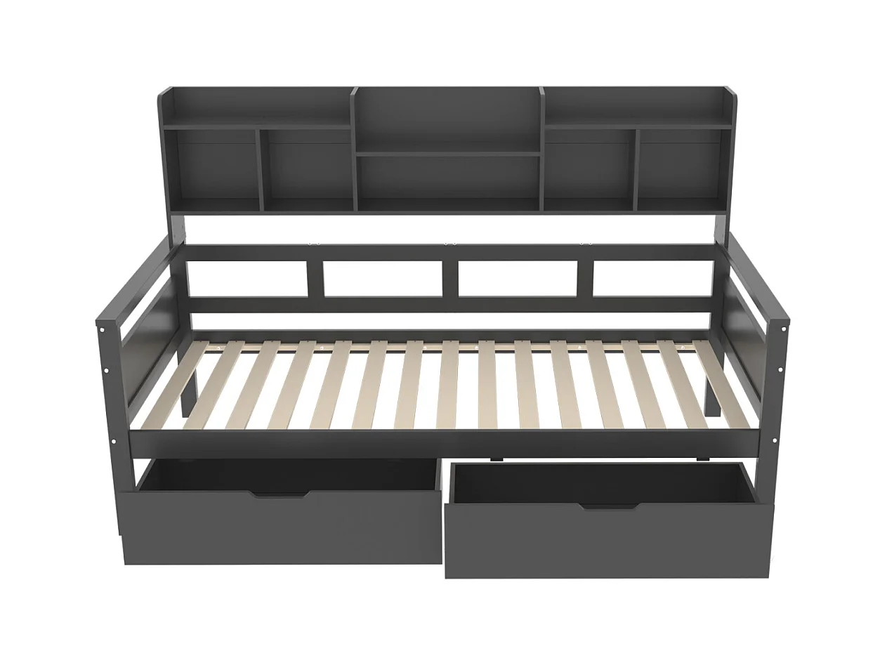 Cama combinada de 90x200 cm, cama individual infantil con 2 cajones y estantes de almacenamiento, somier de láminas, cama de madera maciza, color gris