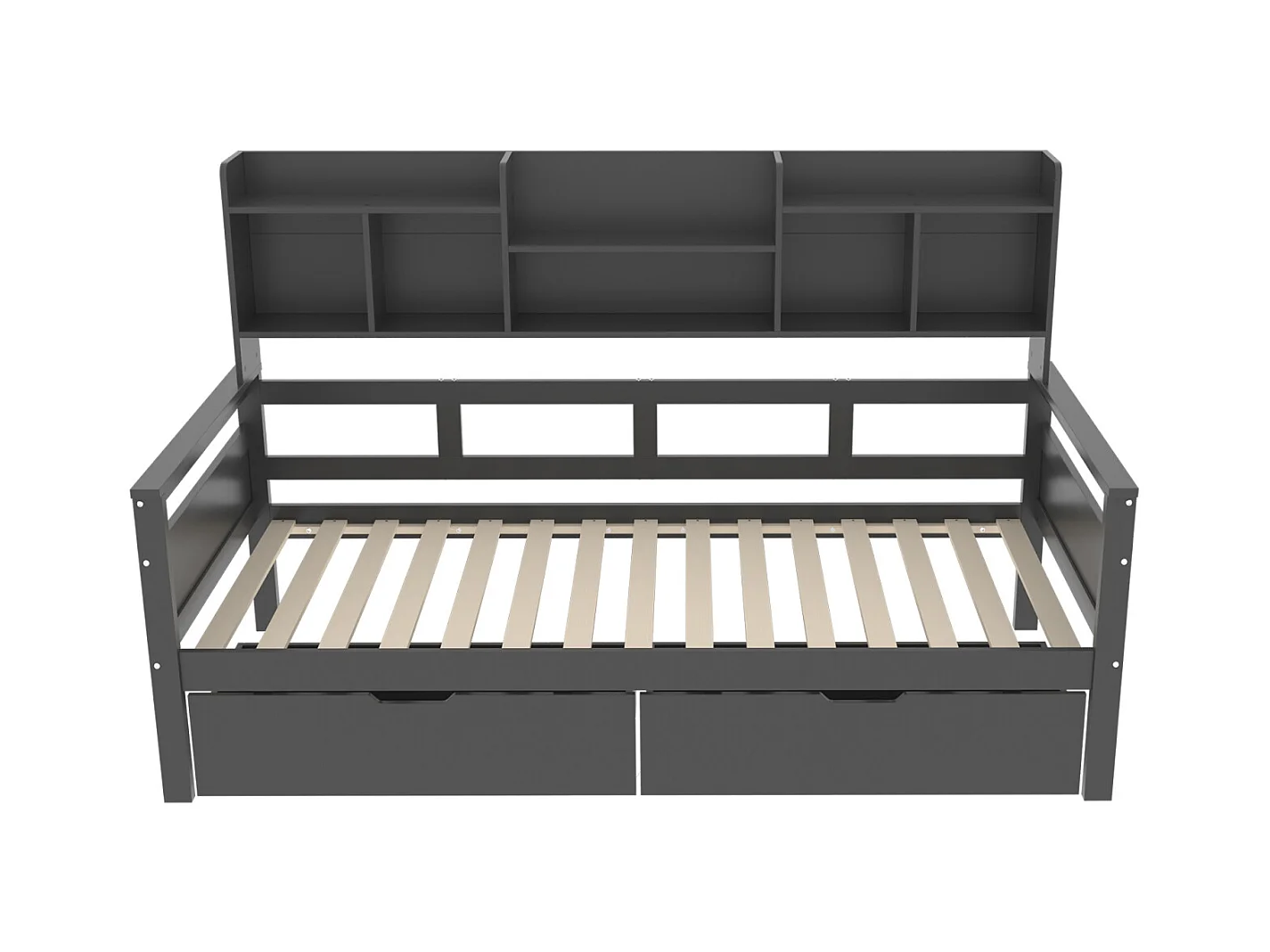 Cama combinada de 90x200 cm, cama individual infantil con 2 cajones y estantes de almacenamiento, somier de láminas, cama de madera maciza, color gris