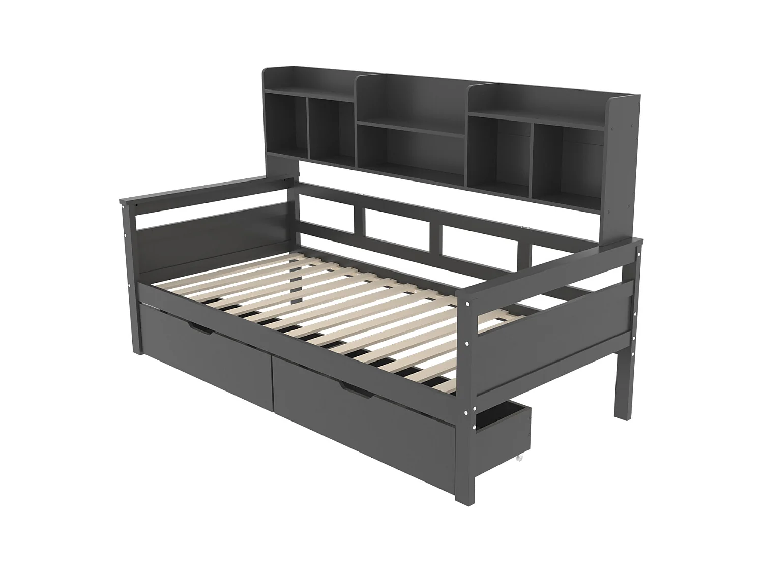 Cama combinada de 90x200 cm, cama individual infantil con 2 cajones y estantes de almacenamiento, somier de láminas, cama de madera maciza, color gris