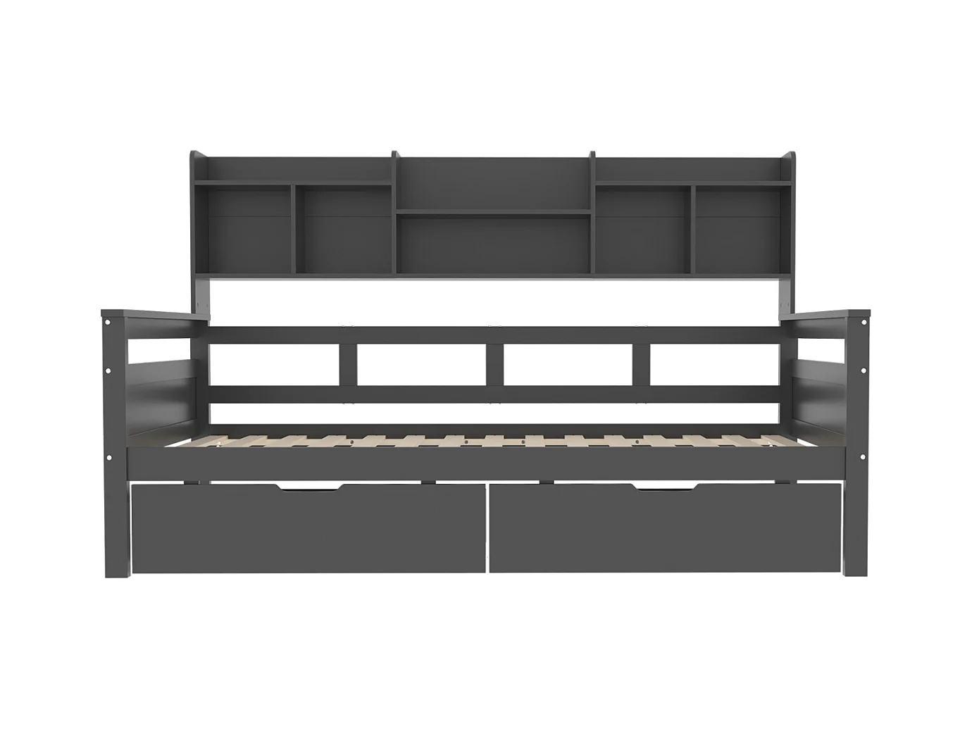 Cama combinada de 90x200 cm, cama individual infantil con 2 cajones y estantes de almacenamiento, somier de láminas, cama de madera maciza, color gris