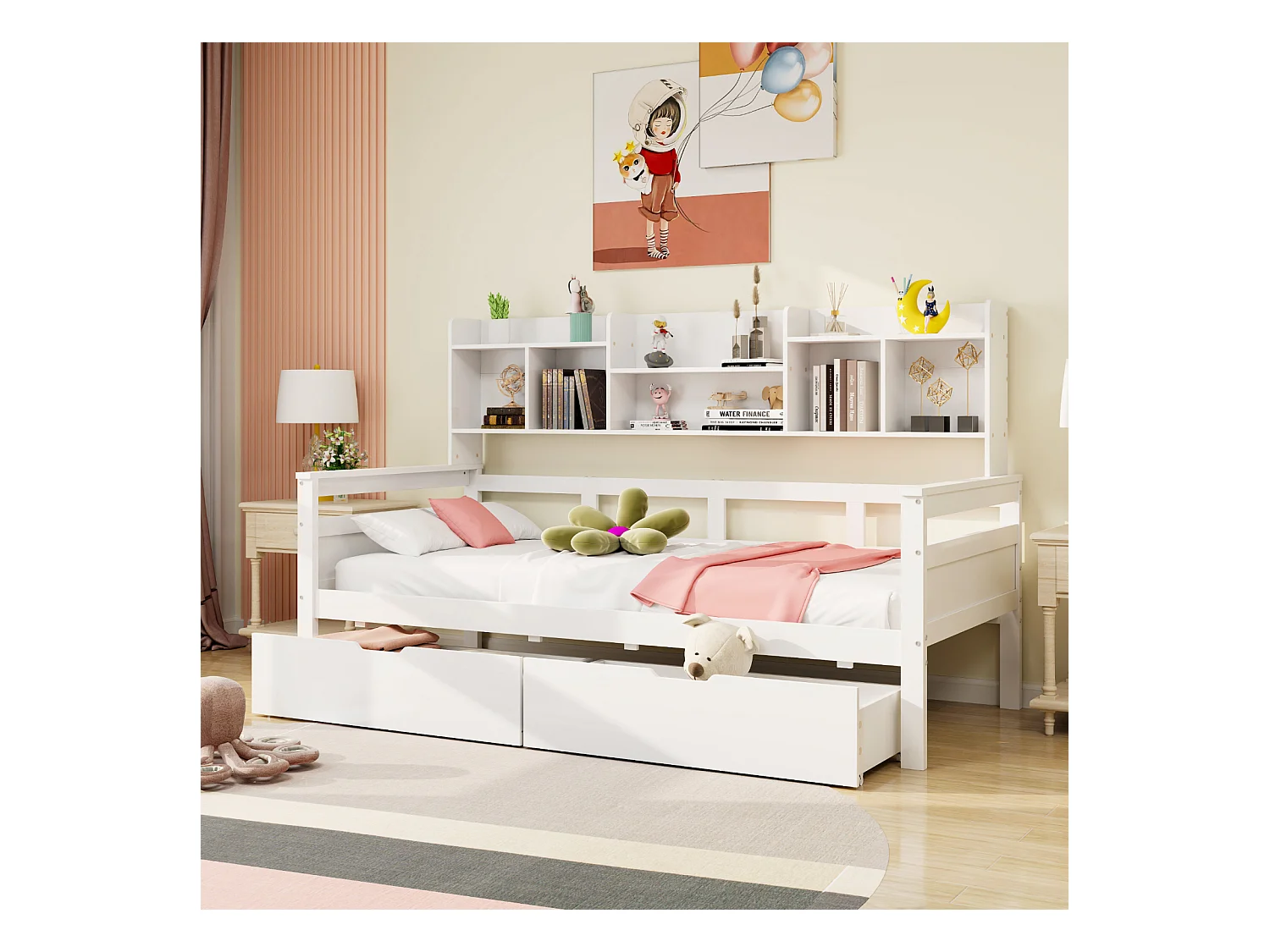 Lit combiné 90x200cm, lit simple enfant avec 2 tiroirs et étagères de rangement, lit en bois massif, blanc