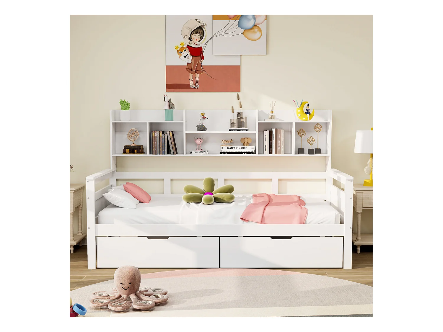 Cama combinada 90x200cm, cama individual infantil con 2 cajones y estantes de almacenamiento, cama de madera maciza, color blanco