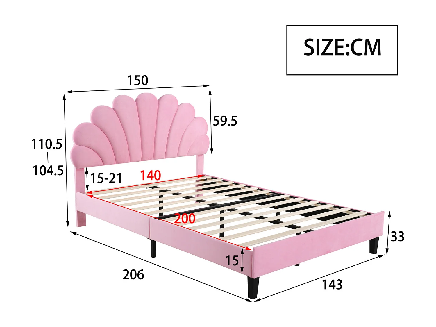 Letto matrimoniale imbottito 140x200cm - Testiera a forma di fiore, rete a doghe in MDF, - Rosa