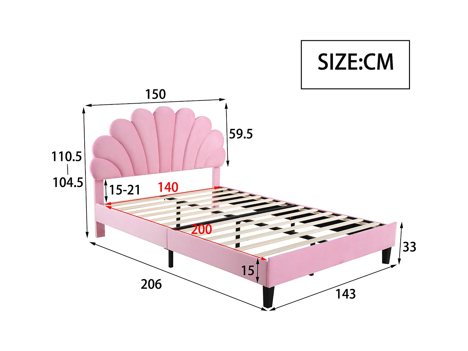 Lit double capitonné 140x200cm - Tête de lit en forme de fleur, Sommier à lattes en MDF, - Rose