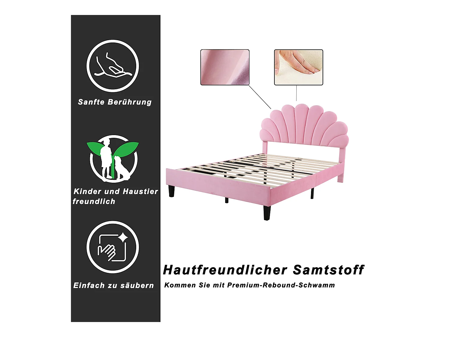 Lit double capitonné 140x200cm - Tête de lit en forme de fleur, Sommier à lattes en MDF, - Rose