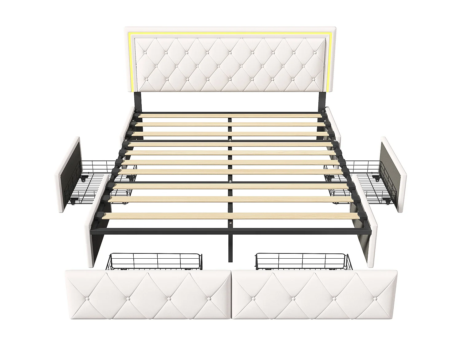 Tweepersoonsbed 140x200cm met LED en 4 lades - kunstlederen stof - Beige