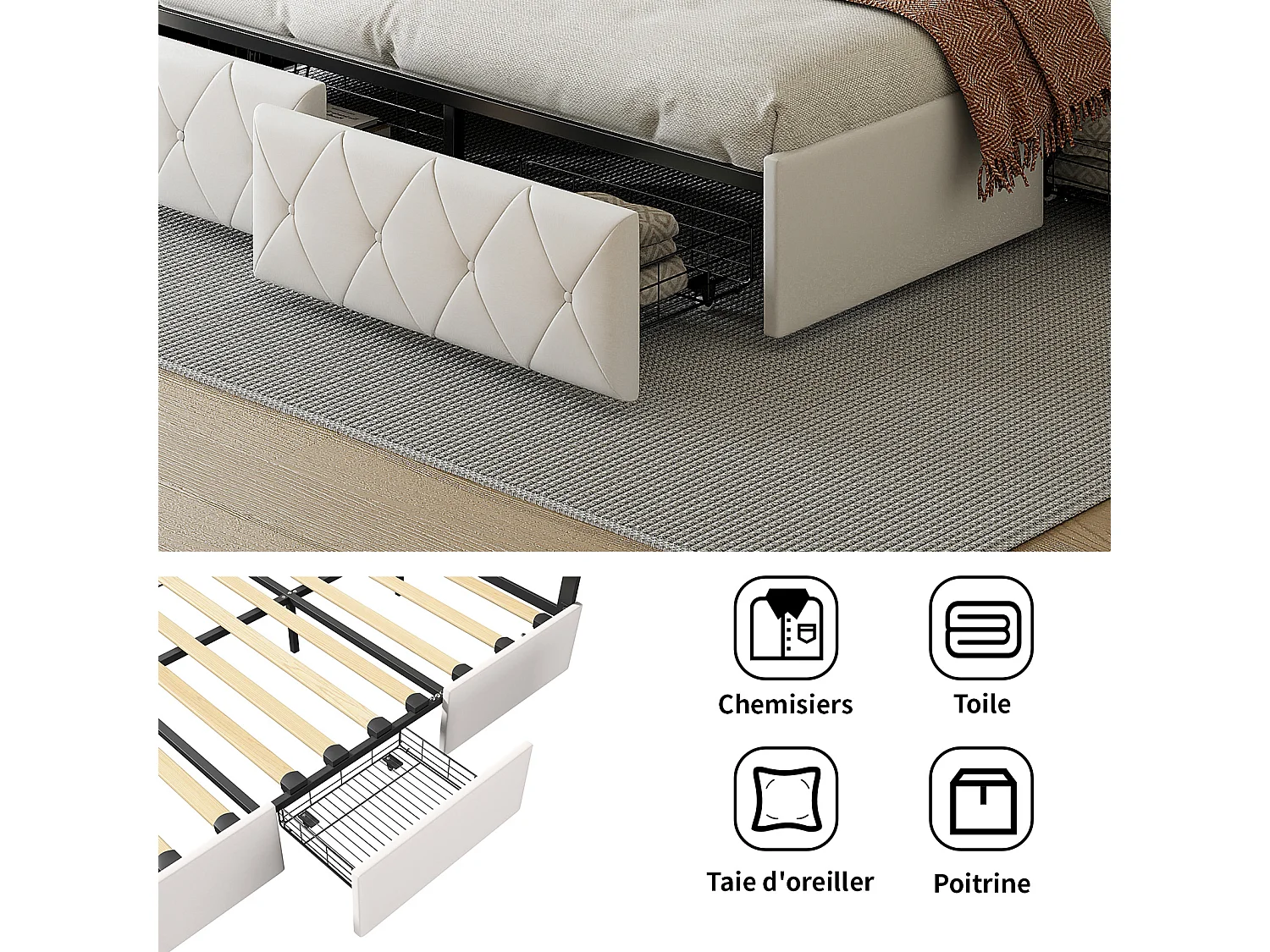 Tweepersoonsbed 140x200cm met LED en 4 lades - kunstlederen stof - Beige