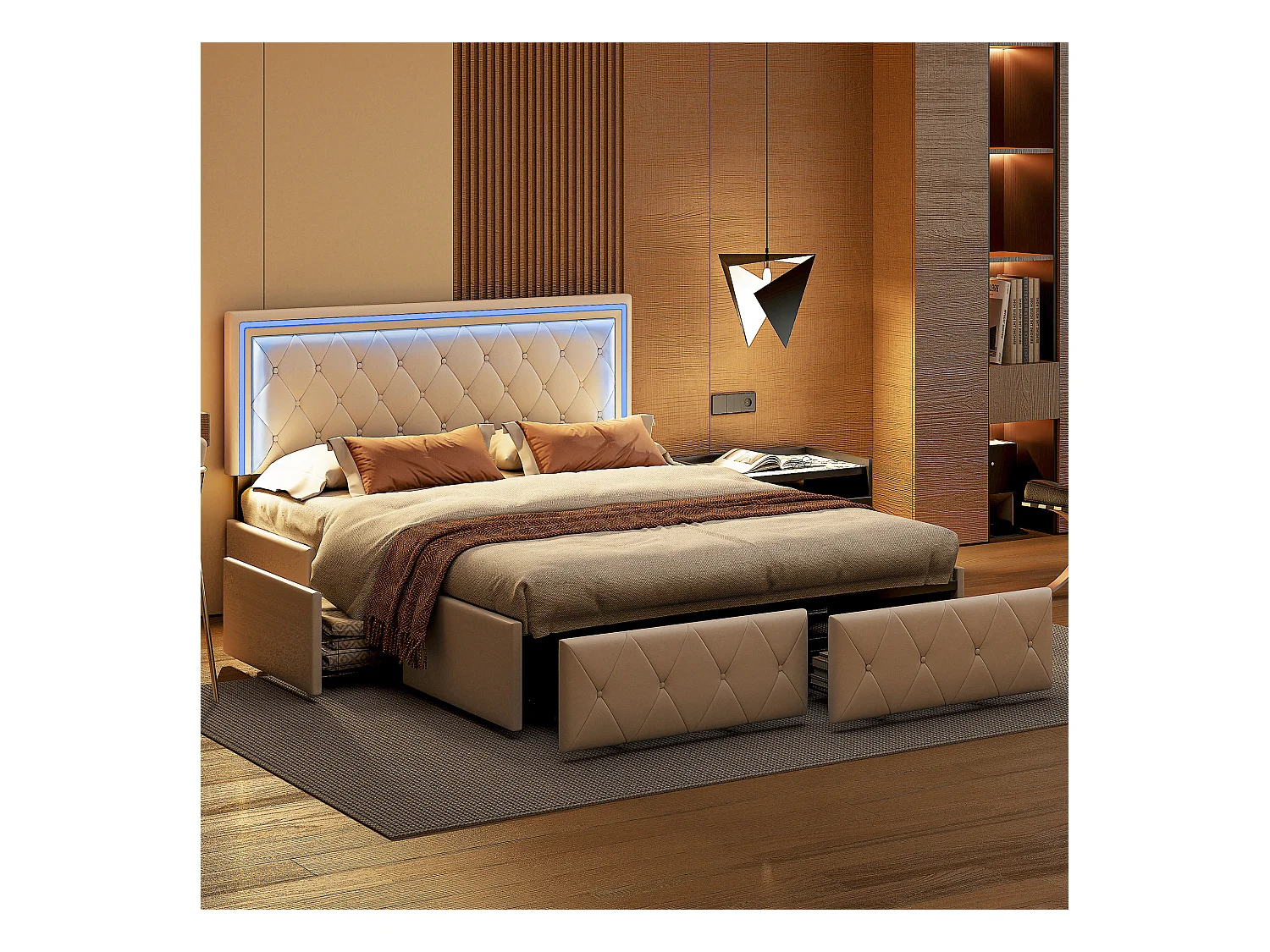 Lit double 140x200cm avec LED et 4 tiroirs - tissu en similicuir - Beige