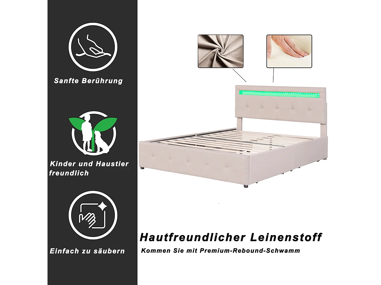 Lit double 140x200 cm - Lit capitonné avec LED, sommier à lattes, 4 tiroirs et tête de lit - beige