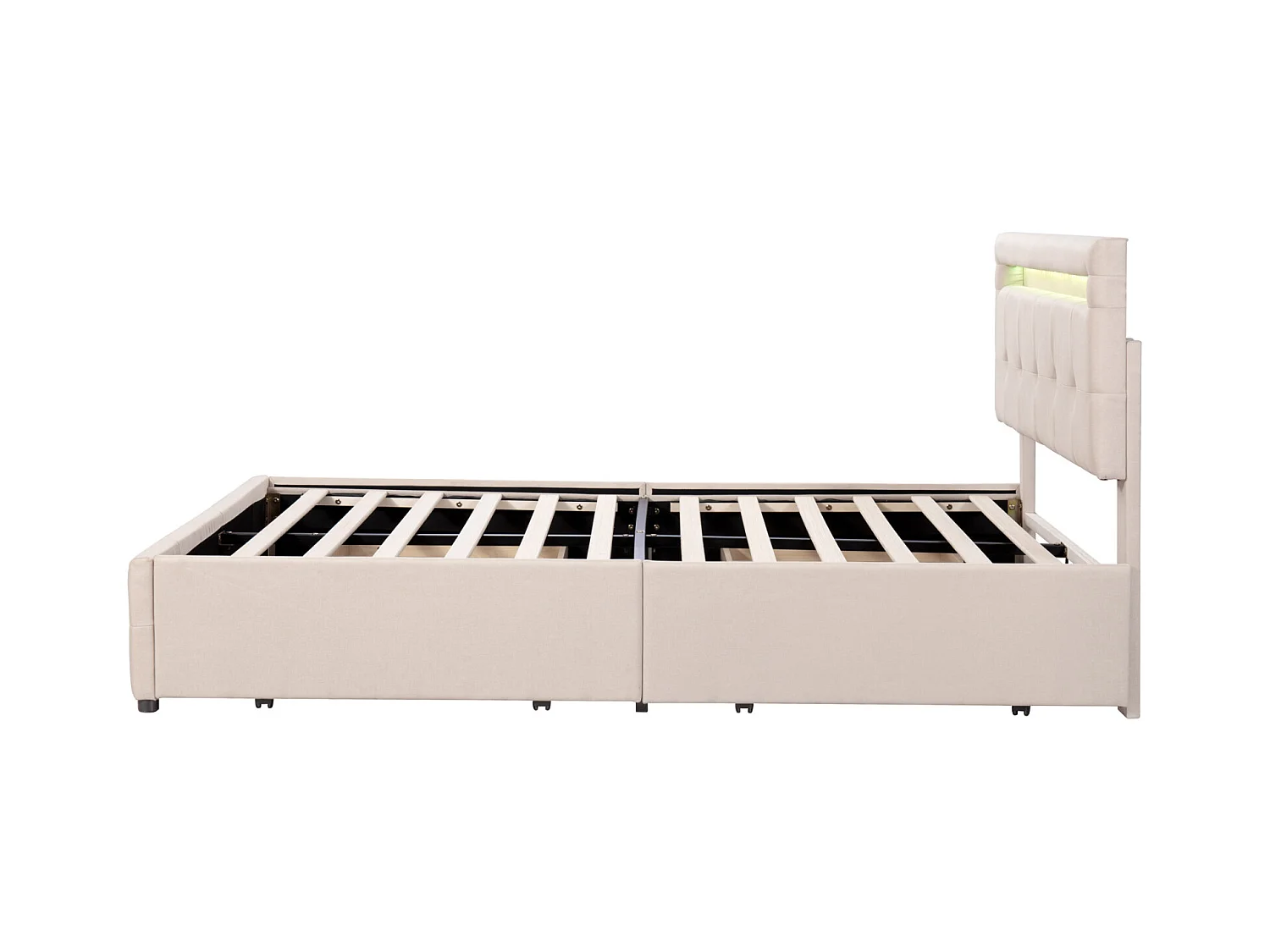 Lit double 140x200 cm - Lit capitonné avec LED, sommier à lattes, 4 tiroirs et tête de lit - beige