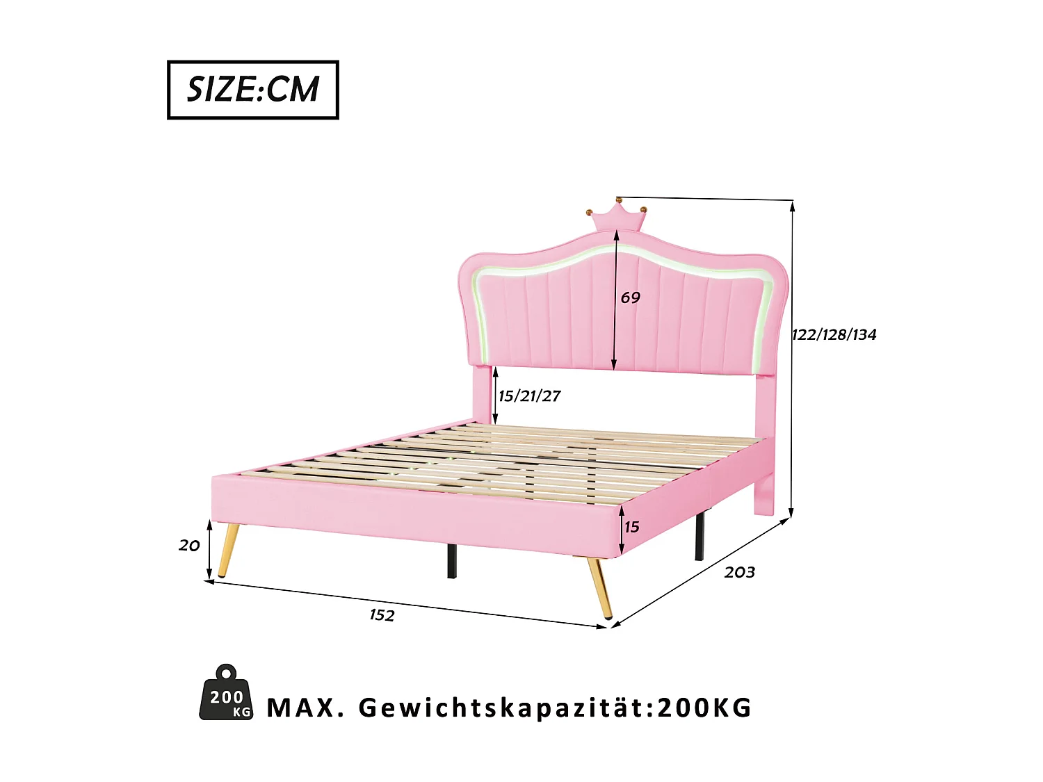 Letto per adulti 140 x 200 cm - Letto matrimoniale in similpelle con lampade a LED e rete a doghe e testiera a corona (acconciatura) per adolescenti - Rosa