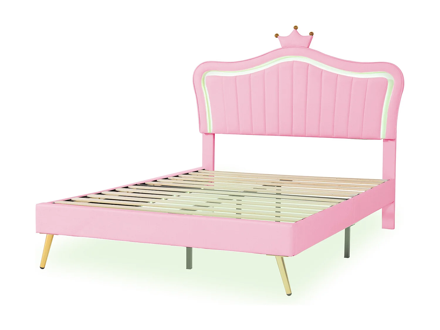 Letto per adulti 140 x 200 cm - Letto matrimoniale in similpelle con lampade a LED e rete a doghe e testiera a corona (acconciatura) per adolescenti - Rosa