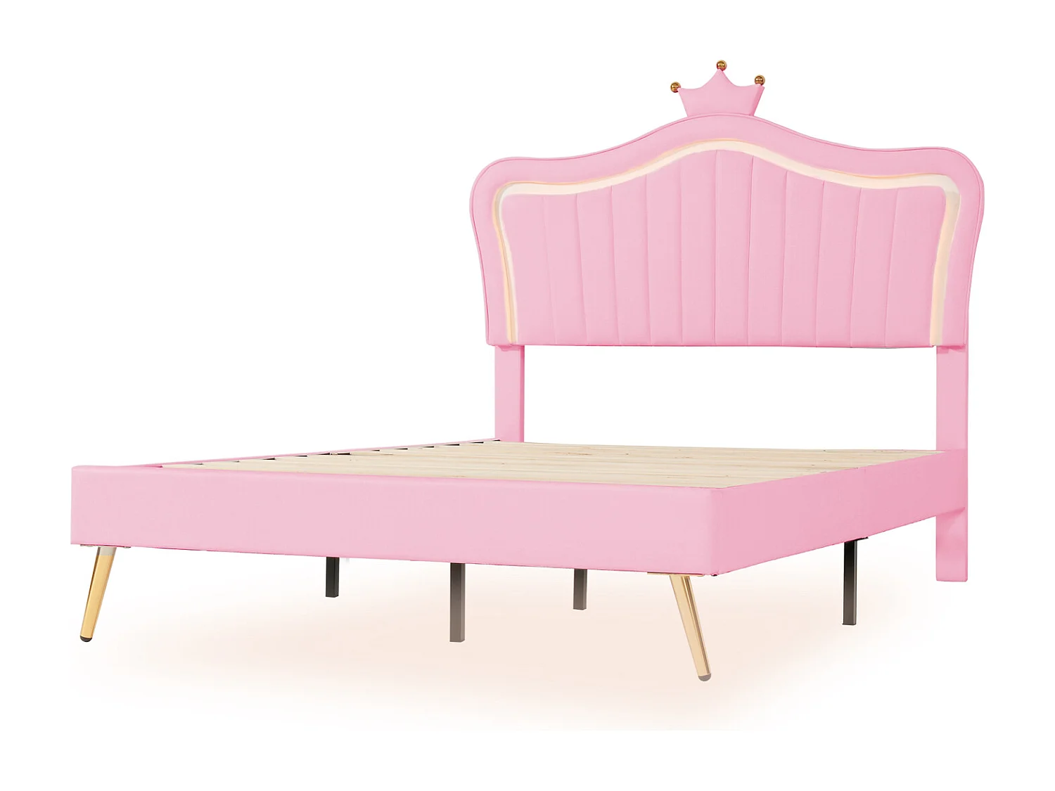 Letto per adulti 140 x 200 cm - Letto matrimoniale in similpelle con lampade a LED e rete a doghe e testiera a corona (acconciatura) per adolescenti - Rosa