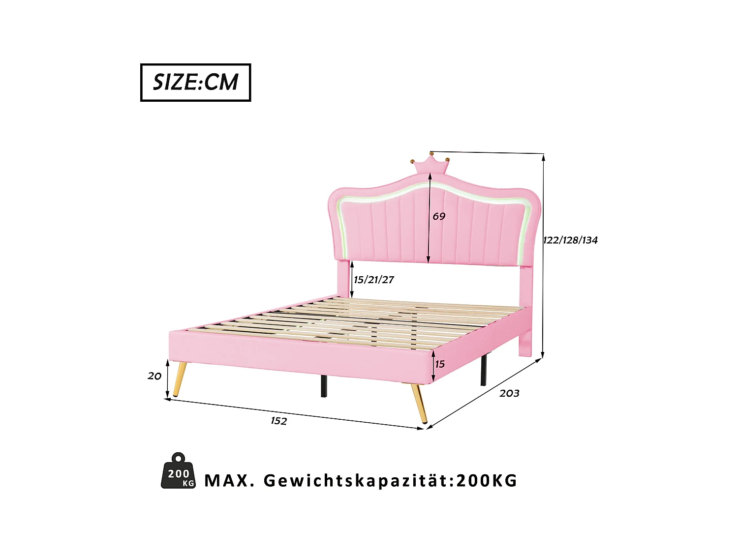 Cama para adultos de 140 x 200 cm - Cama doble de piel sintética con lámparas LED, somier de láminas y cabecero de corona (estilo peinado) para adolescentes - Rosa