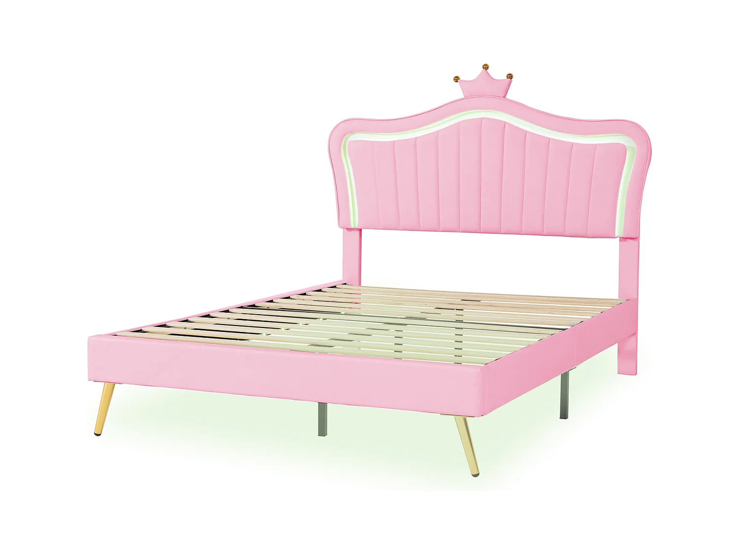 Cama para adultos de 140 x 200 cm - Cama doble de piel sintética con lámparas LED, somier de láminas y cabecero de corona (estilo peinado) para adolescentes - Rosa