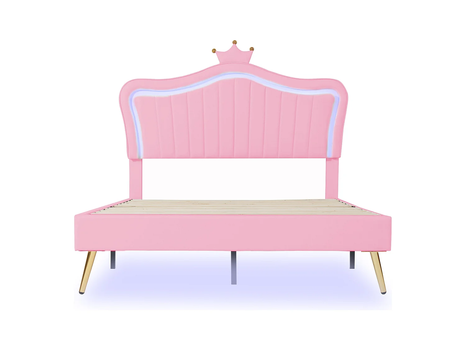 Cama para adultos de 140 x 200 cm - Cama doble de piel sintética con lámparas LED, somier de láminas y cabecero de corona (estilo peinado) para adolescentes - Rosa
