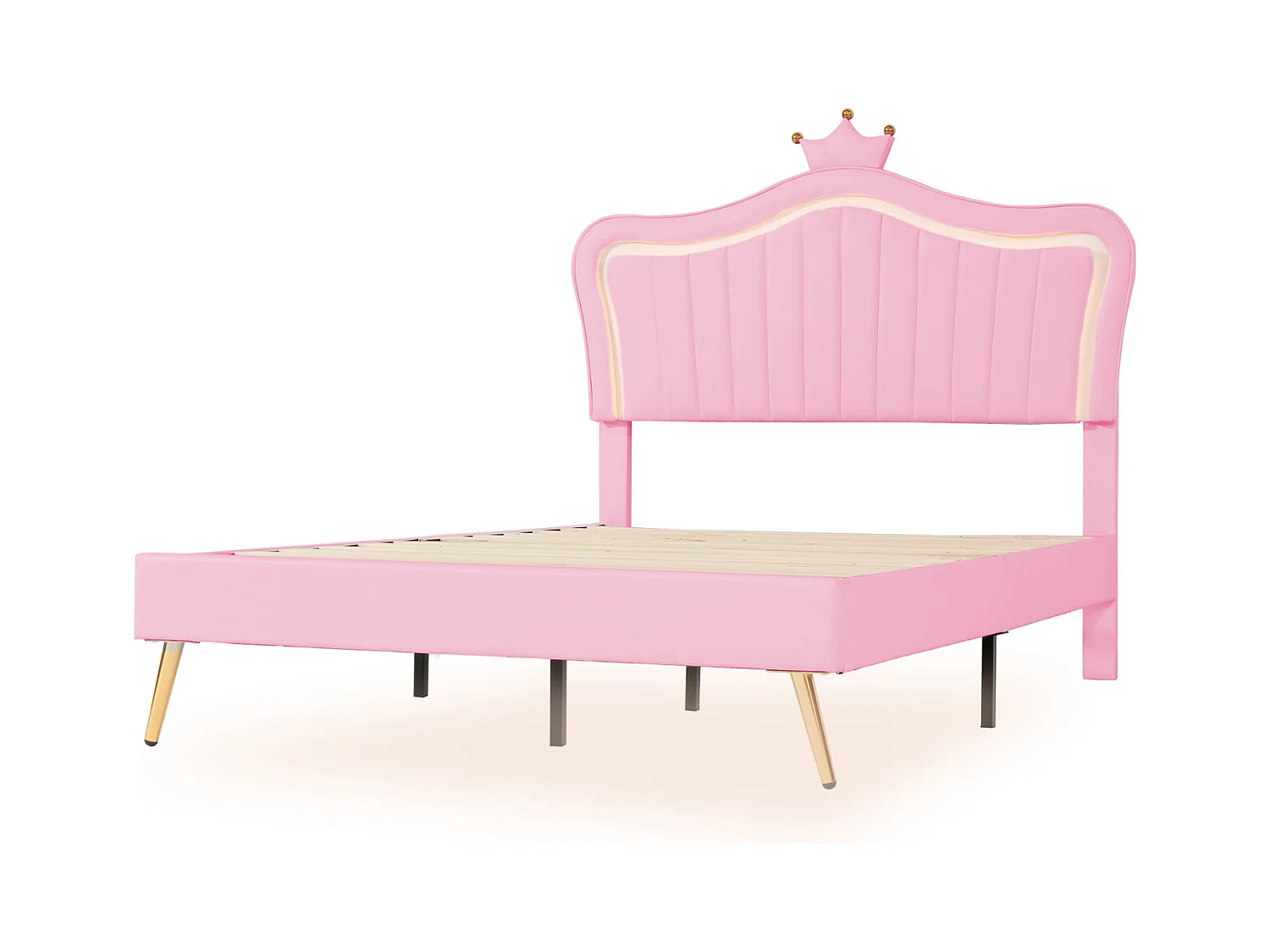 Cama para adultos de 140 x 200 cm - Cama doble de piel sintética con lámparas LED, somier de láminas y cabecero de corona (estilo peinado) para adolescentes - Rosa