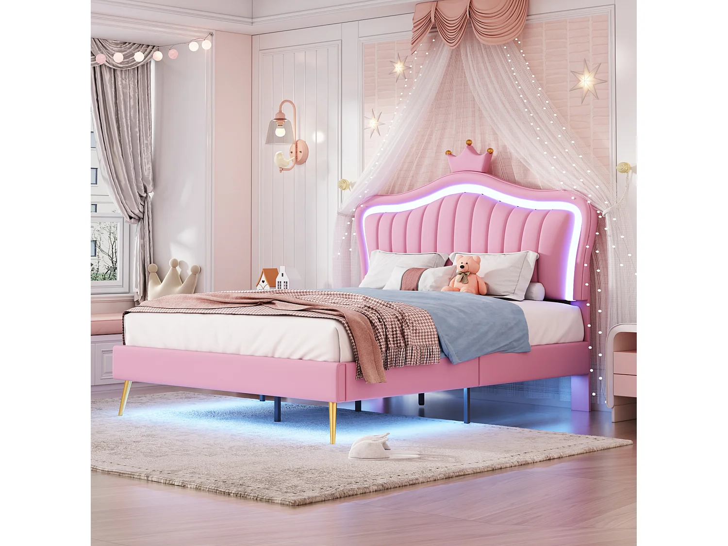 Lit adulte 140 x 200 cm - Lit double en cuir PU avec lampes LED et sommier à lattes et tête de lit en couronne (coiffure) pour adolescent - Rose
