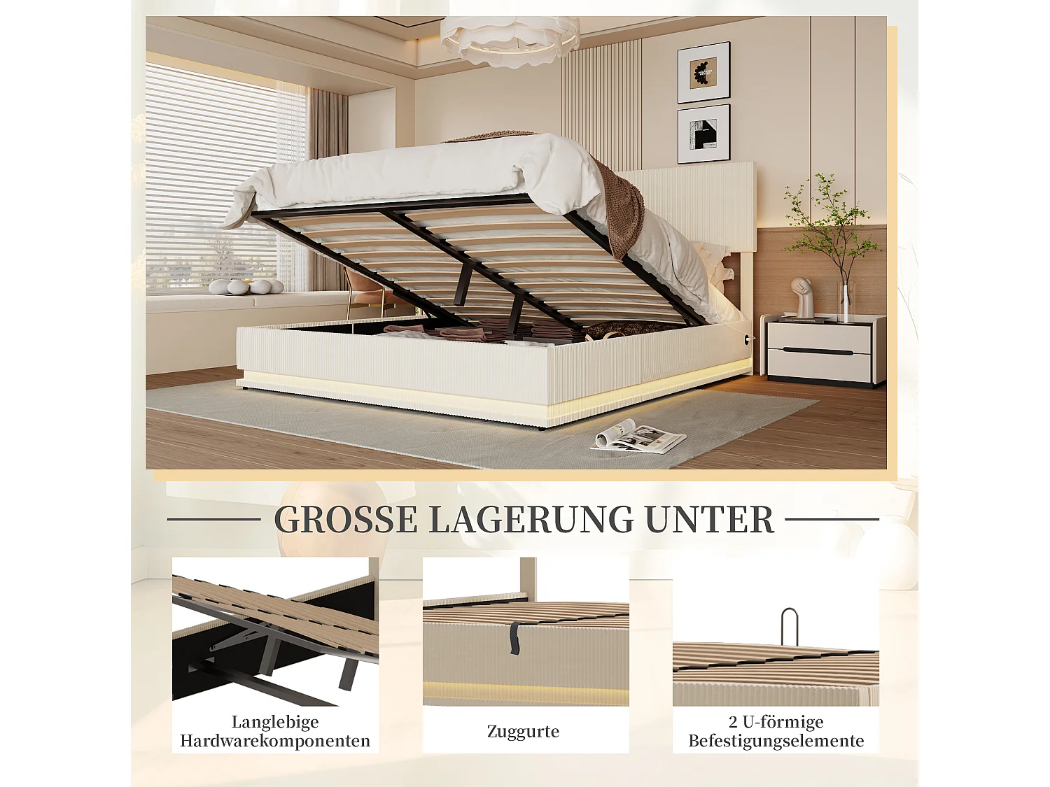 Lit coffre 140x200cm - Lit double LED avec sommier à lattes, tête de lit réglableet port USB - en velours beige