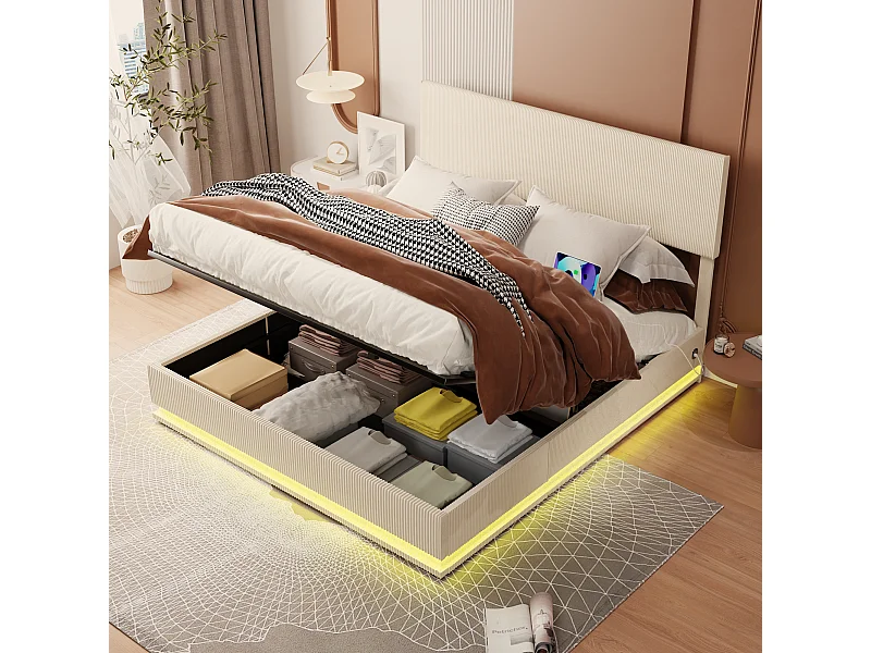 Opbergbed 140x200cm - LED tweepersoonsbed met lattenbodem, verstelbaar hoofdeinde en USB-aansluiting - in beige fluweel