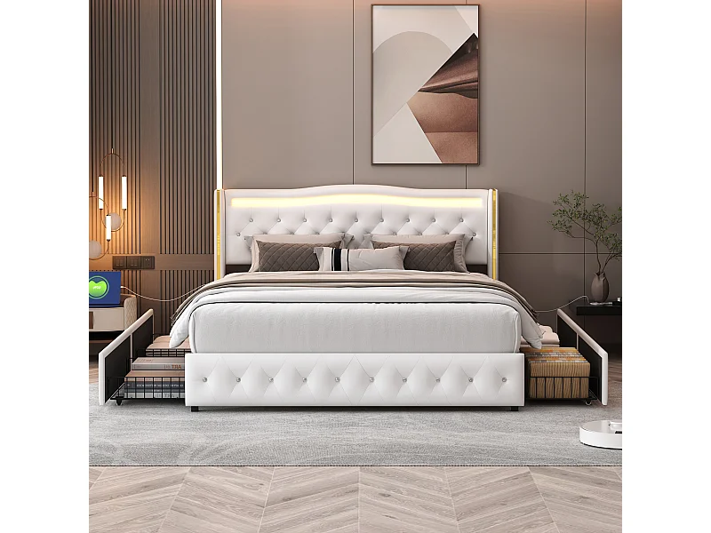 Lit double 140x200 cm, avec éclairage LED, fonction de recharge des deux côtés du lit, pu - Blanc