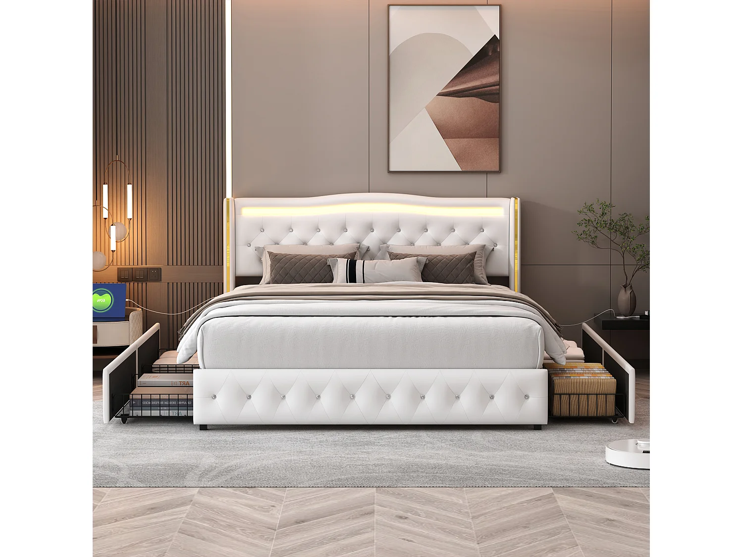 Letto matrimoniale 140x200 cm, con illuminazione a LED, funzione di ricarica su entrambi i lati del letto, pu - Bianco