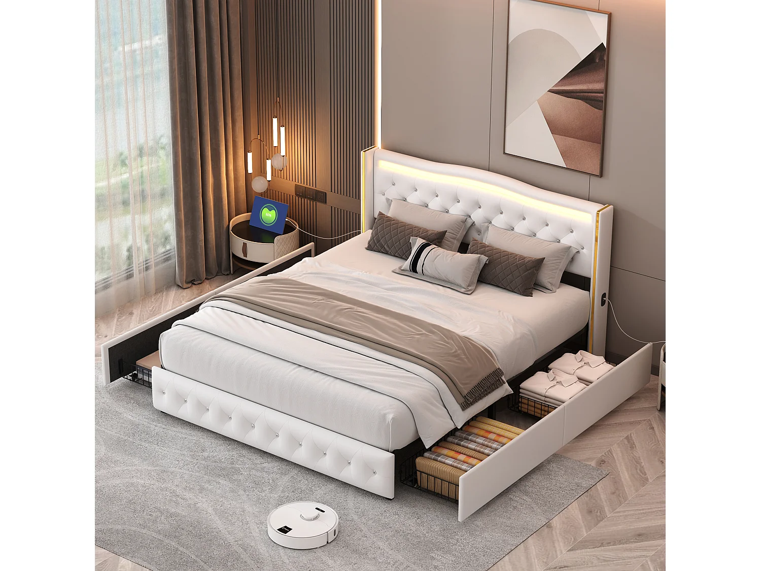 Letto matrimoniale 140x200 cm, con illuminazione a LED, funzione di ricarica su entrambi i lati del letto, pu - Bianco