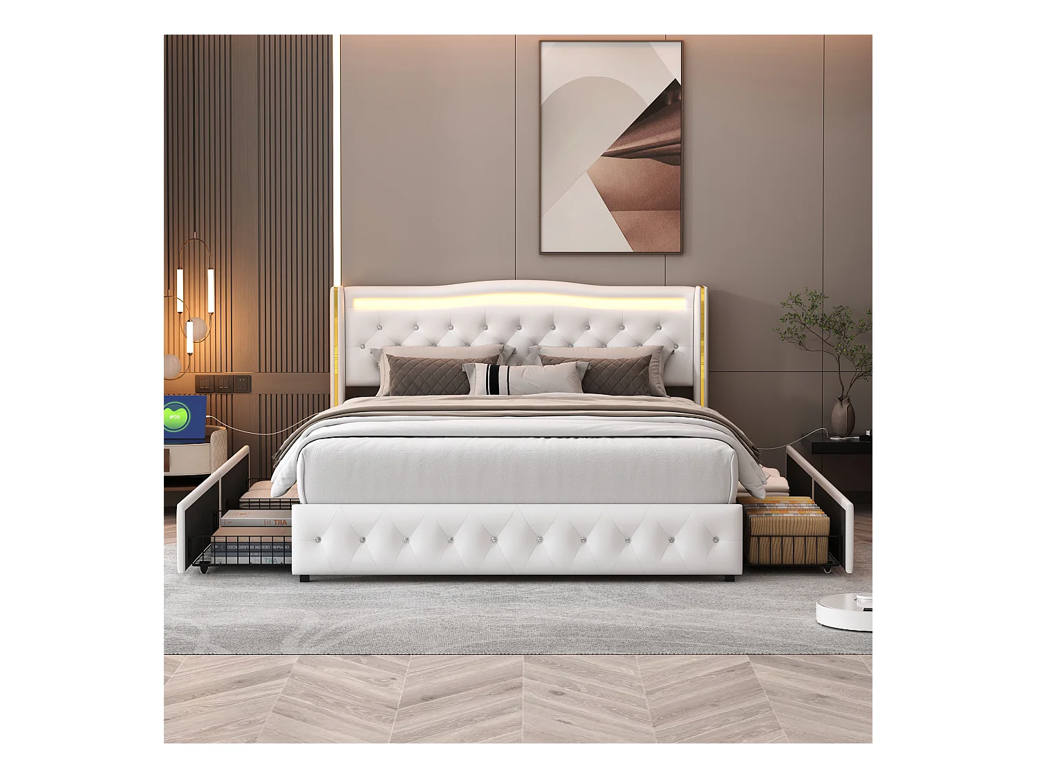 Lit double 140x200 cm, avec éclairage LED, fonction de recharge des deux côtés du lit, pu - Blanc