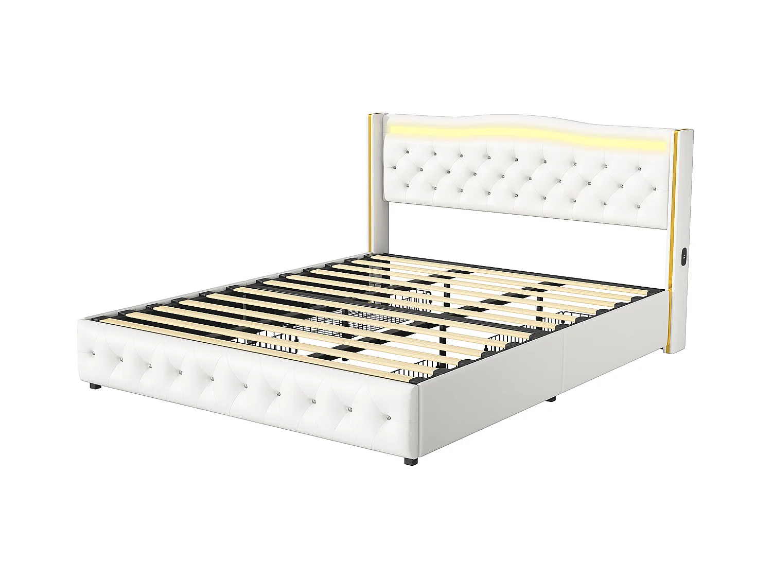 Lit double 140x200 cm, avec éclairage LED, fonction de recharge des deux côtés du lit, pu - Blanc