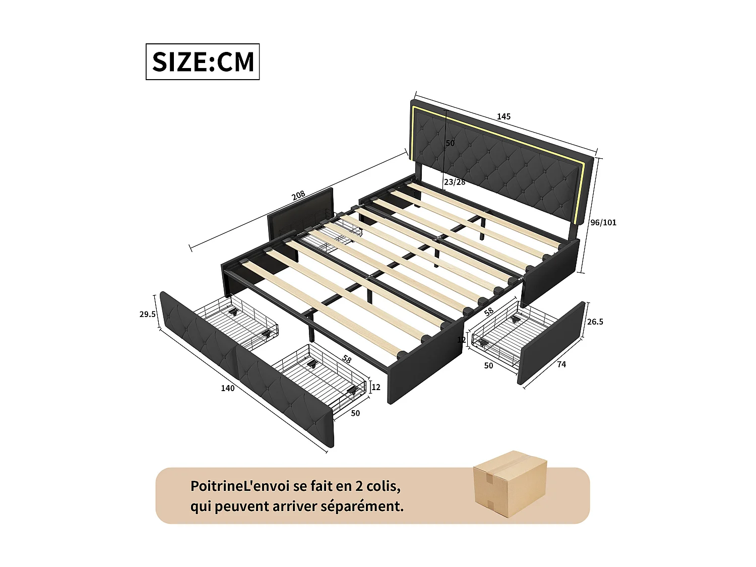 Tweepersoonsbed 140x200cm met LED en 4 lades - kunstlederen stof - Zwart