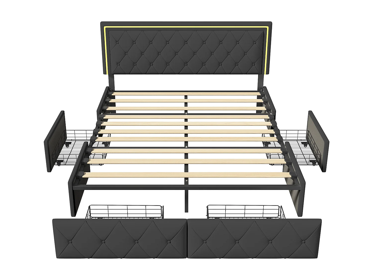 Tweepersoonsbed 140x200cm met LED en 4 lades - kunstlederen stof - Zwart