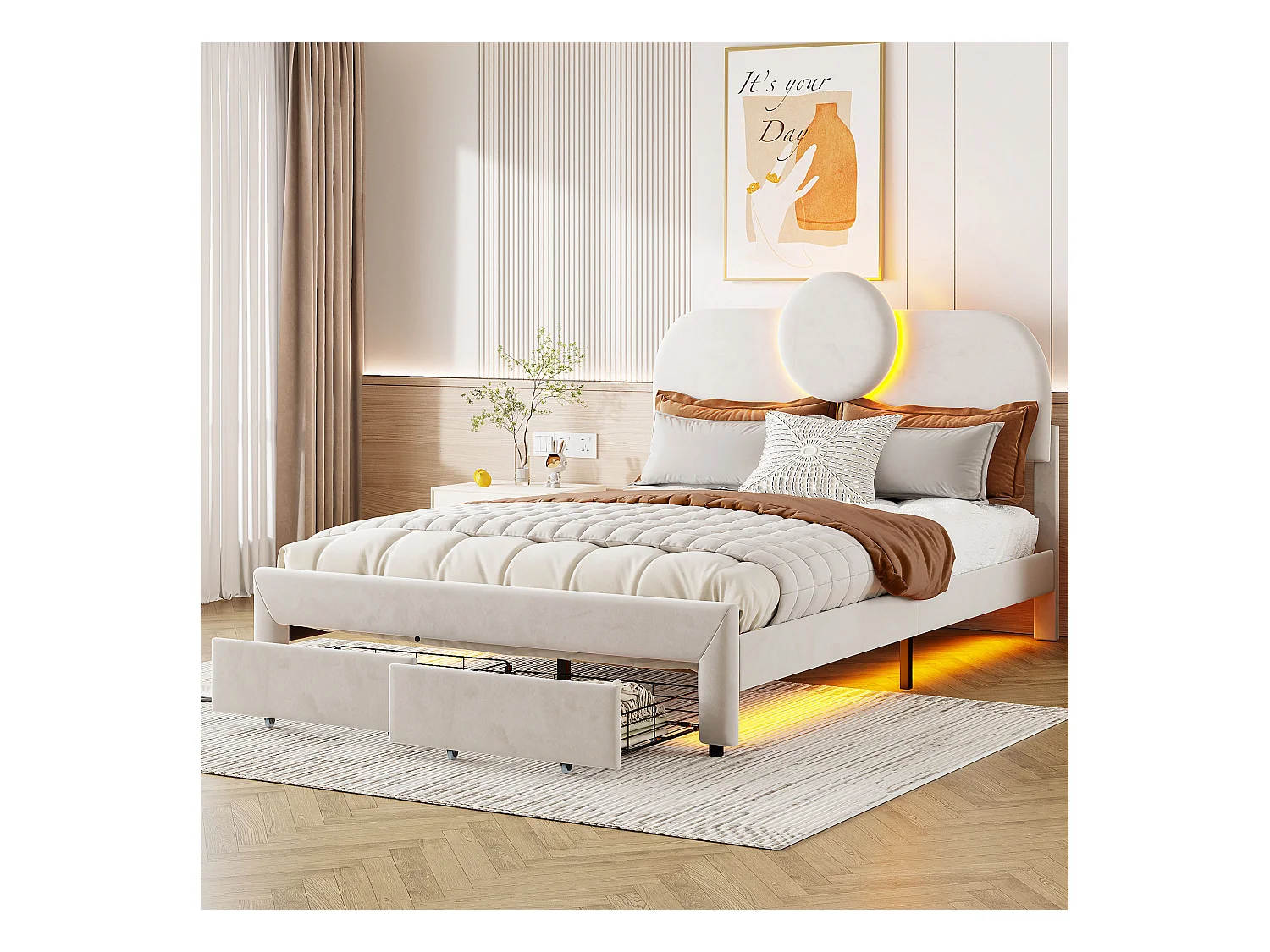 Lit 140x200 cm avec LED et 2 tiroirs, lit double 140x200 cm avec sommier à lattes, tissu en velours, beige