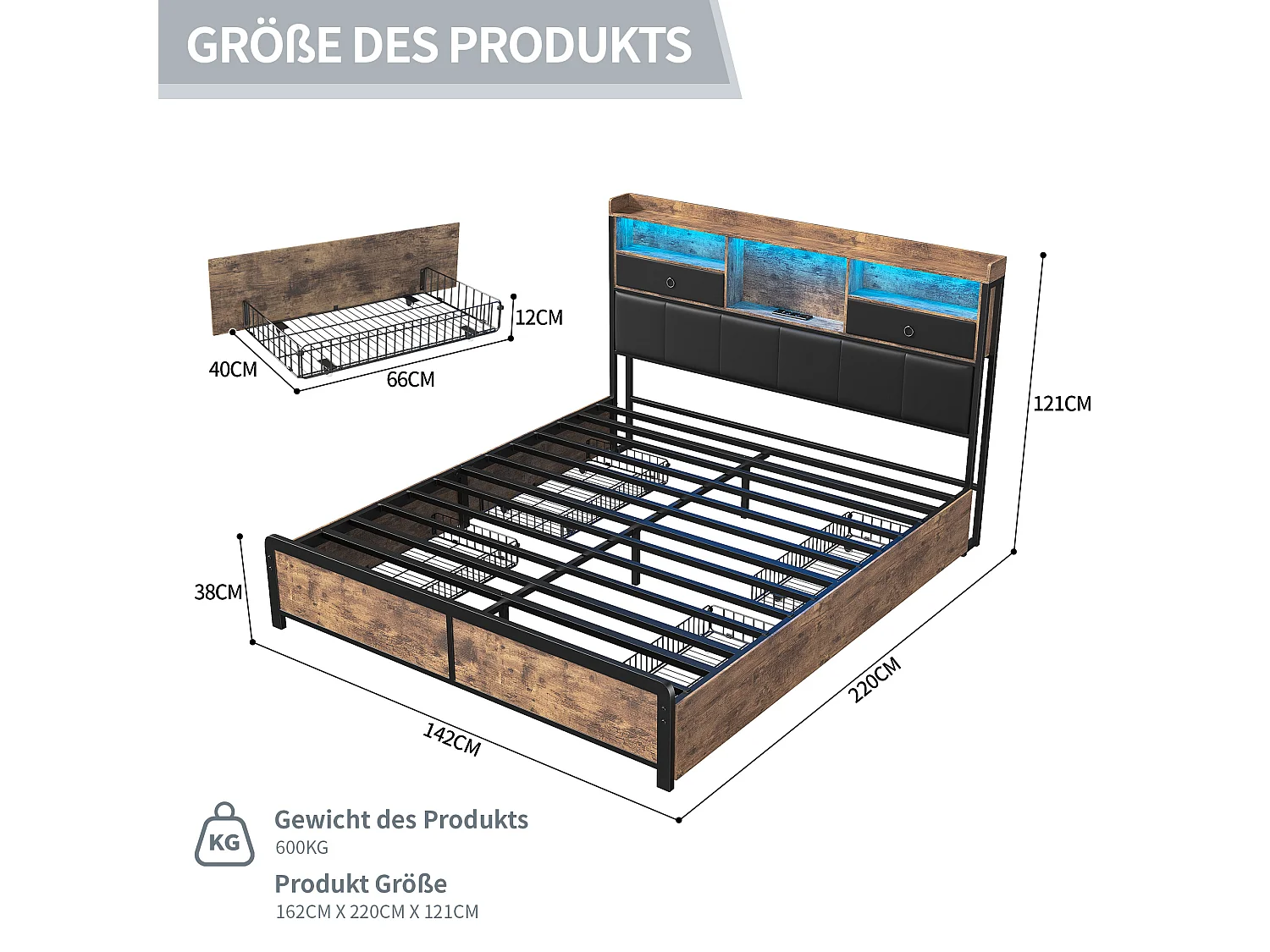 Cama adulto 140x200cm, com LED e gavetas, cama de ferro com cabeceira e estrado de ripas, preta