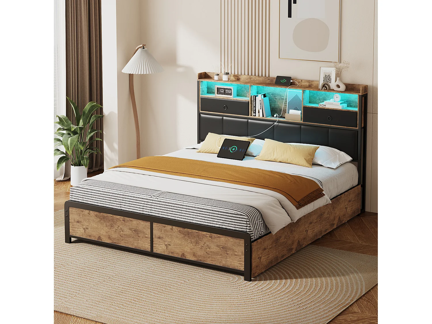 Cama adulto 140x200cm, com LED e gavetas, cama de ferro com cabeceira e estrado de ripas, preta