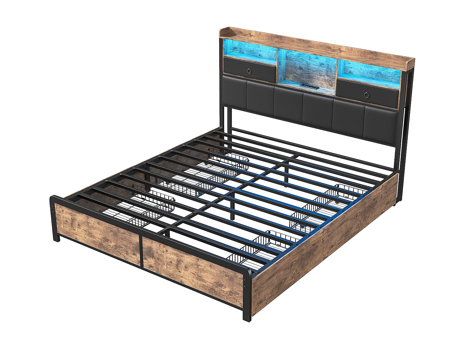 Cama adulto 140x200cm, com LED e gavetas, cama de ferro com cabeceira e estrado de ripas, preta