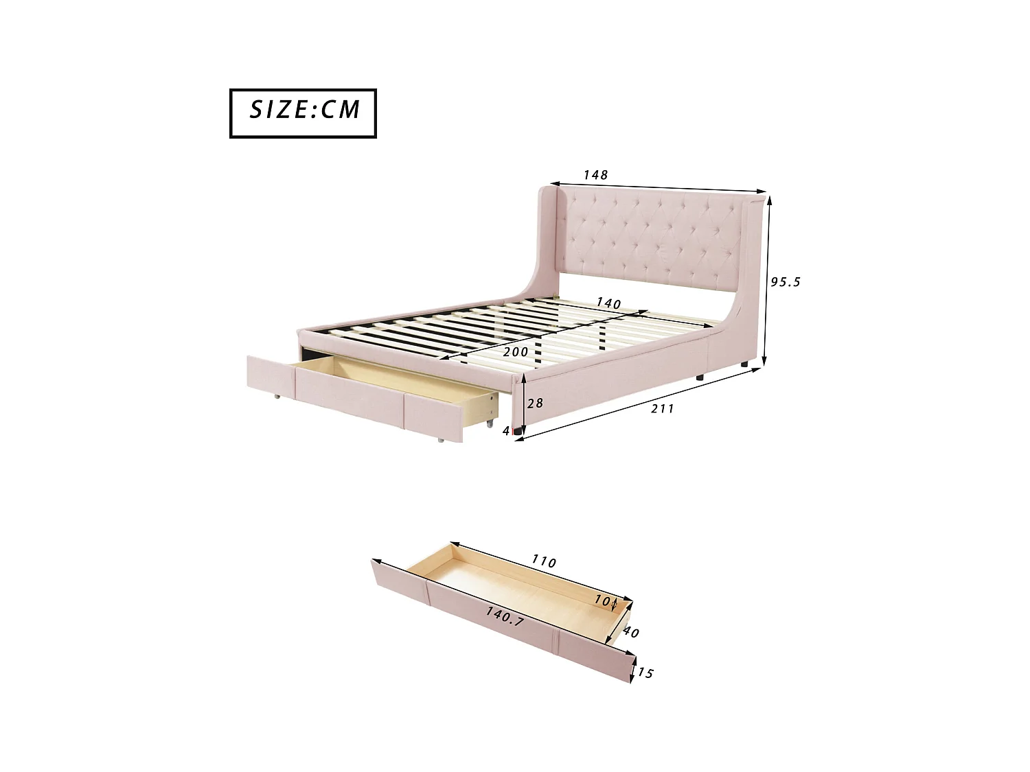 Lit double 140x200 cm avec grands tiroir - lit adulte rose