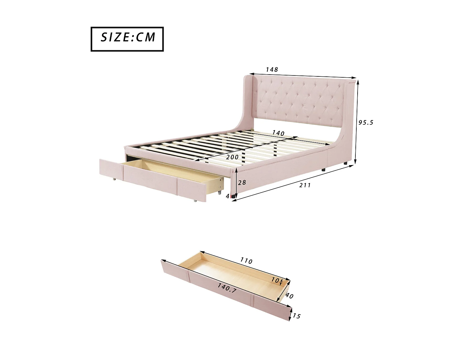 Lit double 140x200 cm avec grands tiroir - lit adulte rose