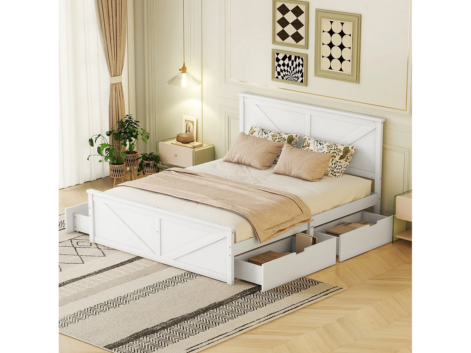 Bed met 4 lades 160x200cm - massief houten frame en hoofdbord met natuurlijke houten lattenbodem in industriële stijl - Wit