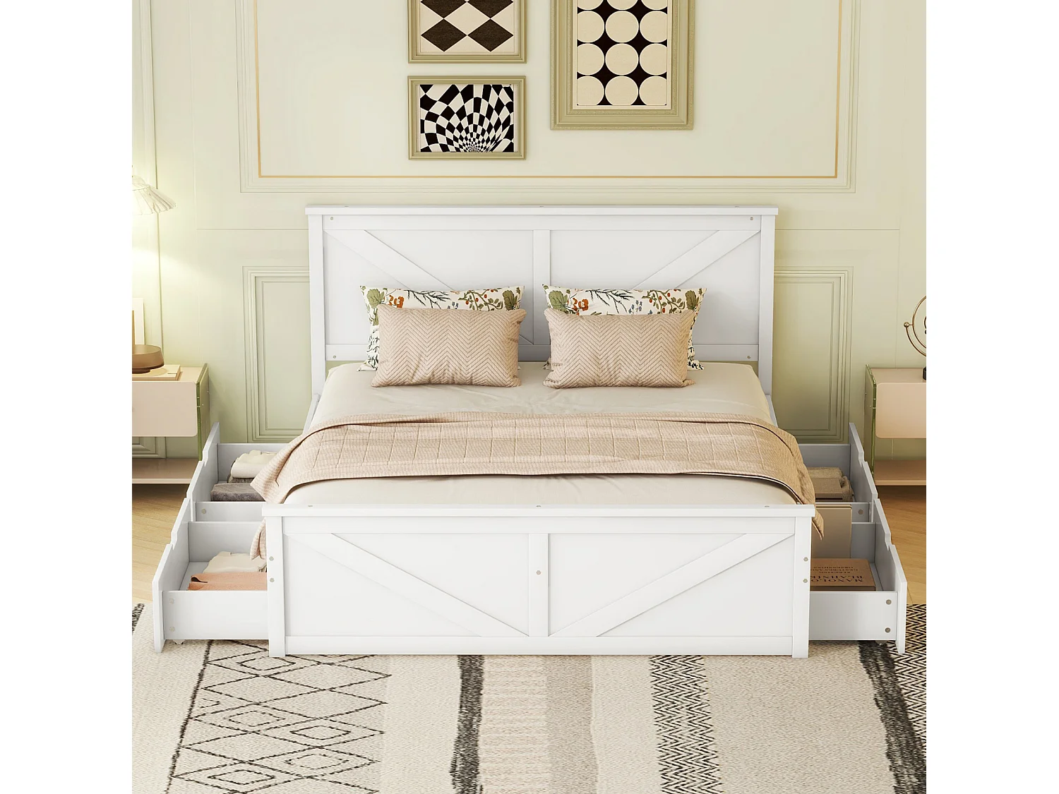 Bed met 4 lades 160x200cm - massief houten frame en hoofdbord met natuurlijke houten lattenbodem in industriële stijl - Wit