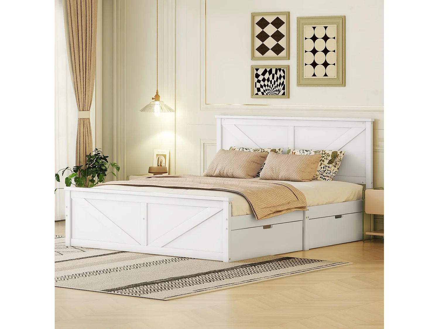 Bed met 4 lades 160x200cm - massief houten frame en hoofdbord met natuurlijke houten lattenbodem in industriële stijl - Wit