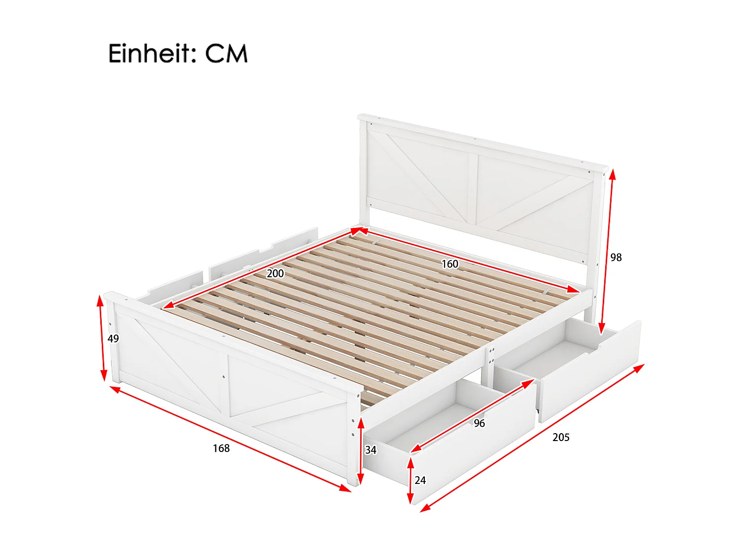 Bed met 4 lades 160x200cm - massief houten frame en hoofdbord met natuurlijke houten lattenbodem in industriële stijl - Wit
