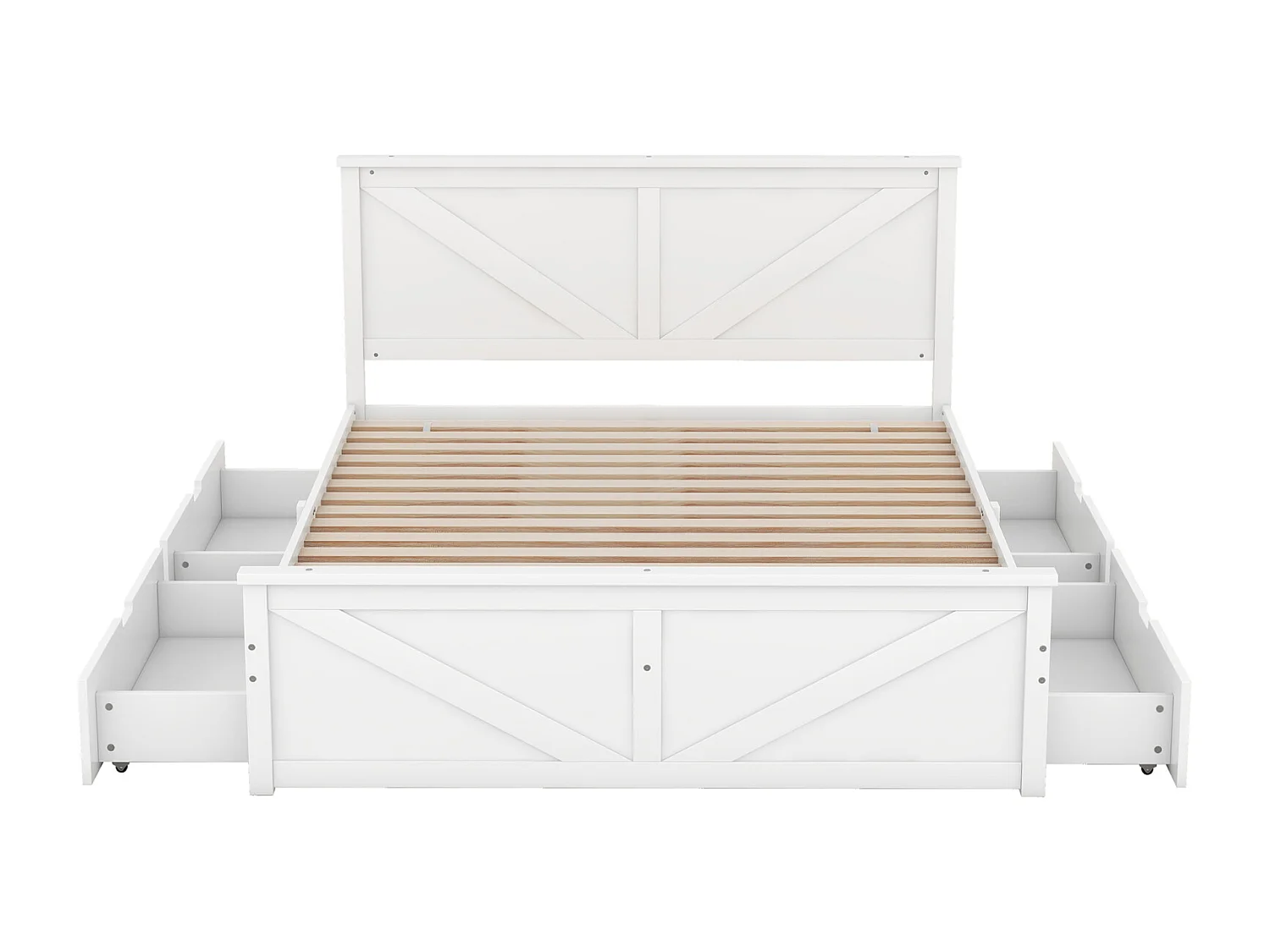 Bed met 4 lades 160x200cm - massief houten frame en hoofdbord met natuurlijke houten lattenbodem in industriële stijl - Wit